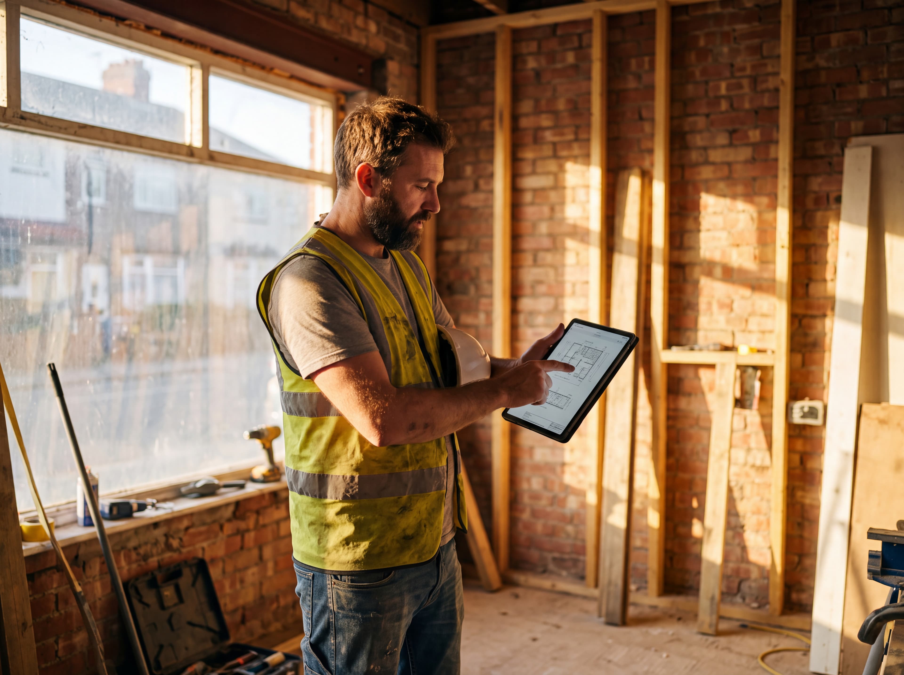 Builder reviewing plans on a tablet in a shop unit being renovated