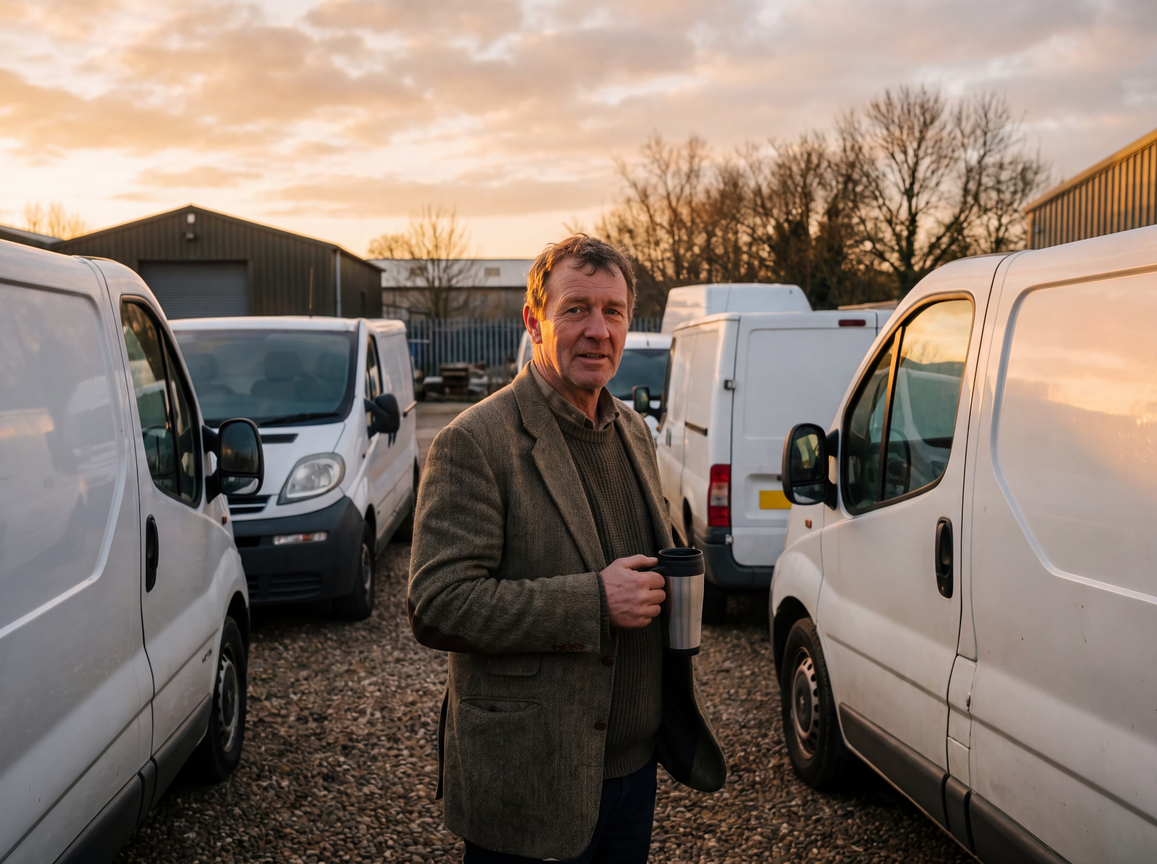 Logistics company director standing by his vans at dawn